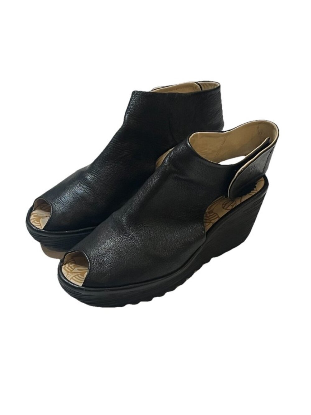 Fly London Yone Black Leather Wedge Peep Toe Platform Sandals Size 38